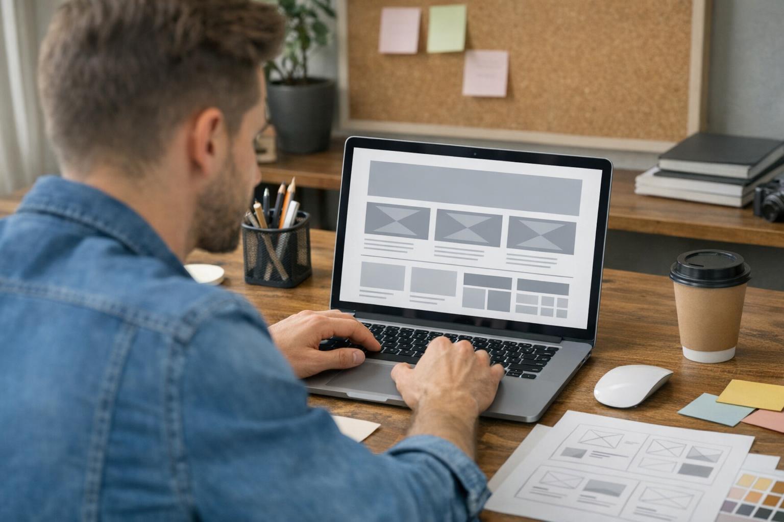 Zdjęcie przedstawiające projektanta pracującego nad layout strony na laptopie